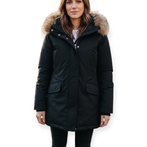 ab.f.z Women’s Small Black Winter Parka Coat Faux Fur Hood Korea Warm Jacket - Picture 1 of 13